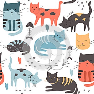 Cute vector seamless pattern with hand drawn difference cats,