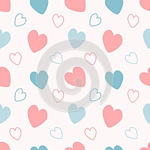 Cute vector seamless pattern with hand drawn  hearts on a llight background photo