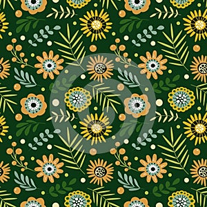 Cute vector seamless pattern with hand drawn primitive naive flowers in green colors