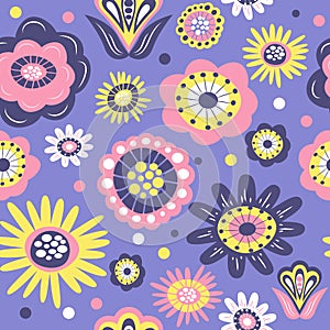 Cute vector seamless pattern with hand drawn primitive naive flowers in pink and lilac colors in folk style