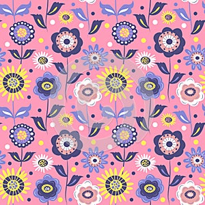 Cute vector seamless pattern with hand drawn primitive naive flowers in pink and lilac colors in folk style