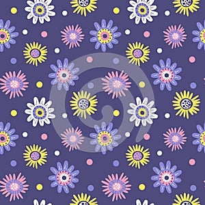 Cute vector seamless pattern with hand drawn primitive naive flowers in purple and lilac colors in folk style