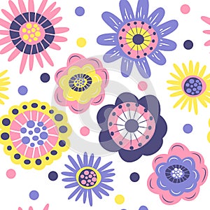 Cute vector seamless pattern with hand drawn primitive naive flowers on white background  folk style, boho style.