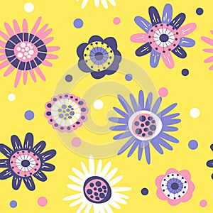 cute vector seamless pattern with hand drawn primitive naive flowers on yellow background in folk style