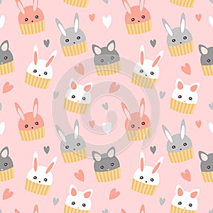 Cute vector seamless pattern with kawaii sweets - cupcakes in the form of animals bunnies and cats