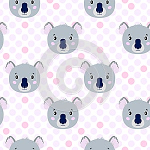 Cute vector seamless pattern with koala face, hare. On white background in polka dots.