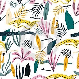 Cute vector seamless pattern with leopard, plants, jungle leaves, snags