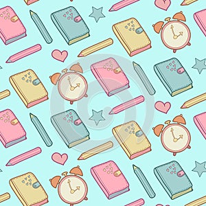 Cute vector seamless pattern with notebook, alarm clock etc. School elements, childish background.