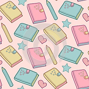 Cute vector seamless pattern with notebook, alarm clock etc. School elements, childish background.