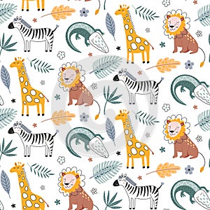 Cute vector seamless pattern with safari animals, alligator, zebra, lion, giraffe and tropical plants.