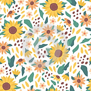 Cute vector seamless pattern with sunflowers, seeds and leaves