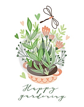 Cute vector seasonal greeting card - Growing flowers in the flower bed with text `Happy gardening`.