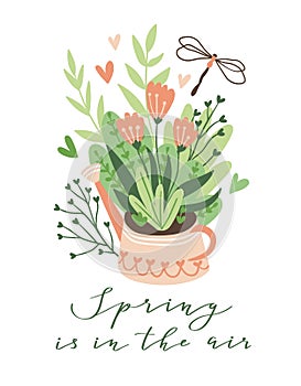 Cute vector seasonal greeting card - Growing flowers in the flower bed with text `Spring is in the air`.