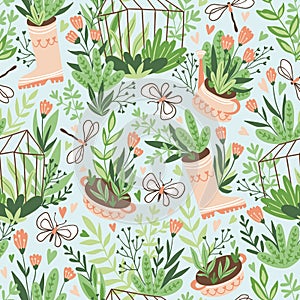 Cute vector seasonal seamless pattern. Growing flowers and plants in the greenhouse. Spring endless garden background.