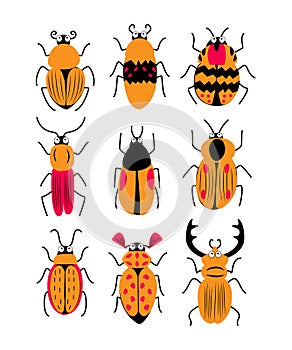 Cute vector set of different doodl bugs and beetles. Vector design insect collection