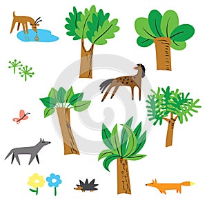 Cute vector set with forest inhabitants - horse, deer, wolf, fox