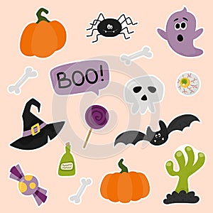 Cute vector set with illustrations of Halloween. Stickers, icons, design elements