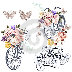 Cute vector set for invitation design with fake bicycle and flow
