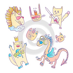 Cute vector set of magical fairytale animals - cat, cragon, unicorn, rabbit. Pink cartoon animal collection for little