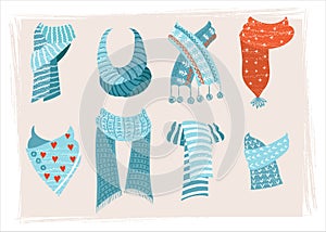 Cute vector set of winter scarves in Scandinavian style. Collection of 8 items of outerwear. Design elements of a winter greeting