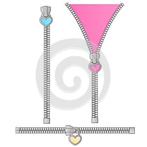 Cute vector set of zippers in the form of a small pink, blue, yellow heart.