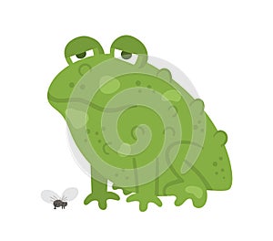 Cute vector sitting green toad with fly. Halloween character icon. Autumn all saints eve illustration with scary animal. Samhain