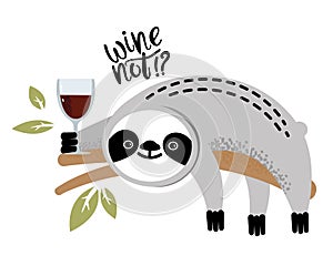 Cute vector sloth bear animal with a glass of wine