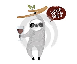 Cute vector sloth bear animal with a glass of wine