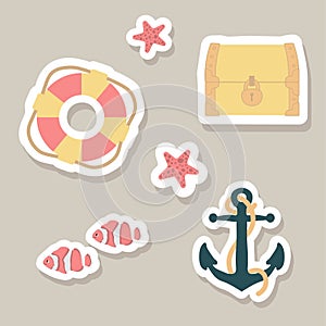 Cute vector stickers set with lifebuoy, treasure chest, clown fish,anchor,starfish.Underwater marine animals.Cute ocean