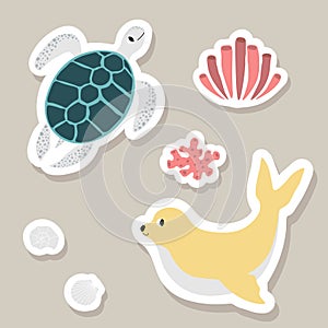 Cute vector stickers set with turtle, seal, algae, corals, shells.Underwater cartoon creatures.Marine animals.Cute ocean