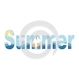 Cute vector summer word with sea, boat, clouds and sun isolated on white background