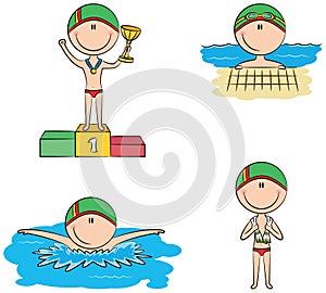 Cute vector swimmer boys in different sport situations