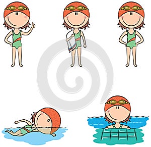 Cute vector swimmer girls in different sport situations