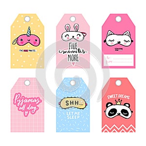 Cute vector tags with sleep masks and quotes. Vector cards collection. Labels, badges with eye masks and sleep lettering