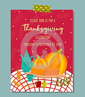 Cute vector Thanksgiving invitation card for harvest dinner.