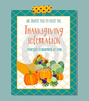Cute vector Thanksgiving invitation card for harvest dinner.