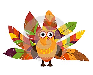 Cute Vector Turkey with Colorful Feathers for Thanksgiving