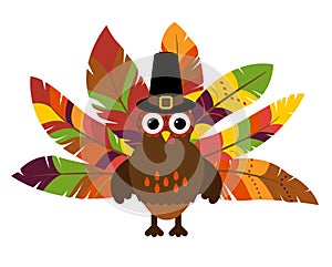 Cute Vector Turkey with Colorful Feathers for Thanksgiving