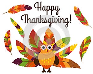 Cute Vector Turkey with Colorful Feathers for Thanksgiving