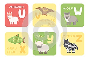 Cute vector U-Z zoo alphabet isolated education cards with cartoon animals. Unicorn, vampire bat, wolf, x-ray fish, yak, zebra