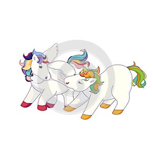 Cute vector Unicorn is pulling Pegasus on white isolated background, isolated Pegasus and Unicorn in Cartoon style outlined flying