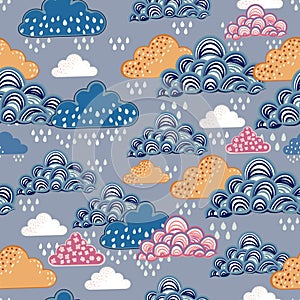 Cute vector vintage seamless pattern with clouds in rustic style