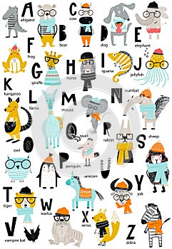Cute vector zoo alphabet poster with latin letters and cartoon animals. Set of kids abc elements in scandinavian style photo