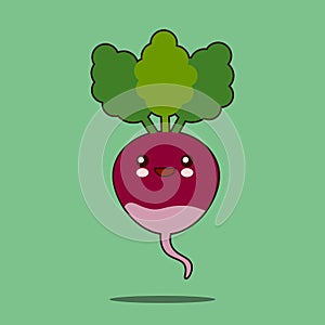 Cute vegetable cartoon character Beet with leaves icon kawaii Smiling face.