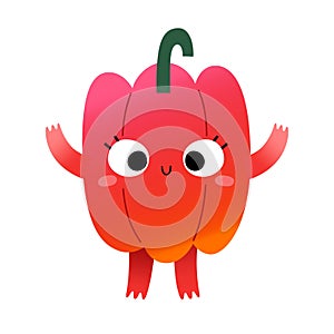 Cute vegetable character, sweet paprika pepper, kawaii cartoon veggie character with funny face expression, vector