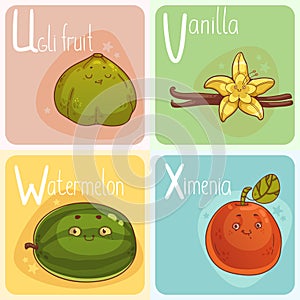 Cute Vegetable and Fruit Alphabet. Cartoon Characters