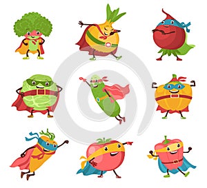 Cute vegetable superheroes. Cartoon funny characters in heroic costumes. Fantastic strong fruits. Capes and masks