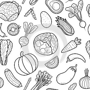 Cute vegetables black and white seamless pattern. Food ingredient outline background