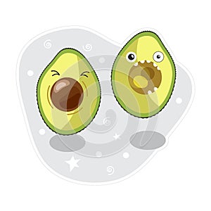Cute vegetables characters kawaii for kids. Funny green avocado. Flat cartoon, isolated, colorful vector illustration