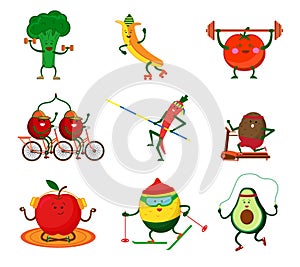 Cute vegetables and fruits doing sports
